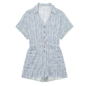 Zara Blue White Linen Blend Stripe Romper Coastal Size S Coastal Summer